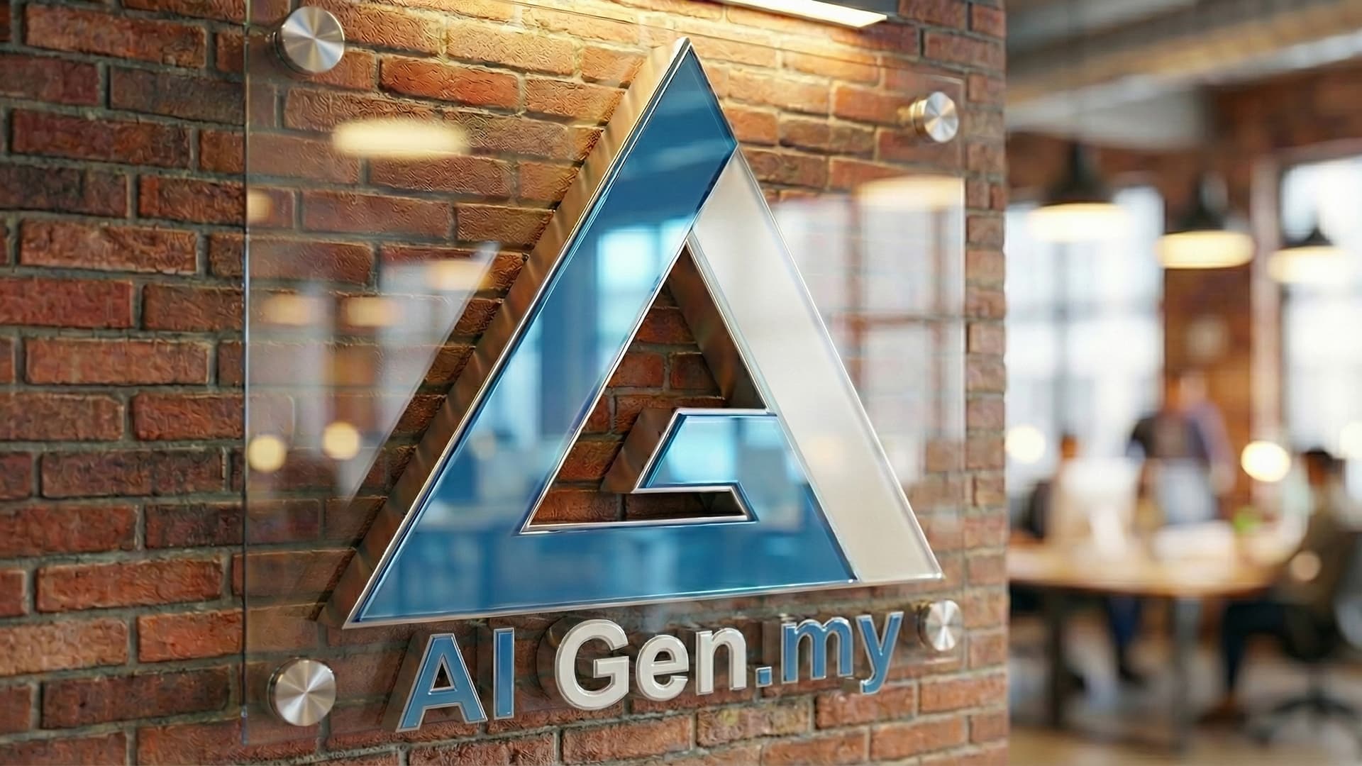 The AIGen.my logo on a brick wall in a busy office