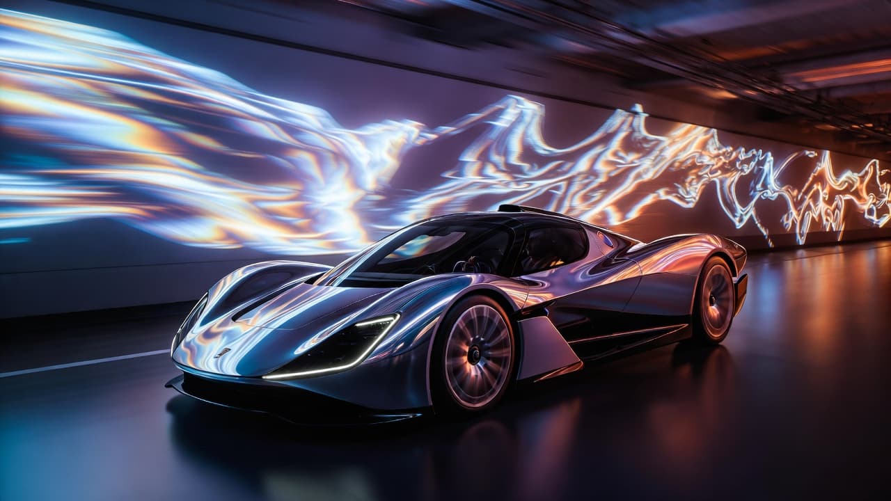 A concept sports car in front of flowing light